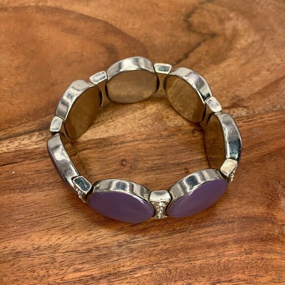 Purple & Silver Crystal Embossed Stretch Bracelet One Size - Picture 3 of 3